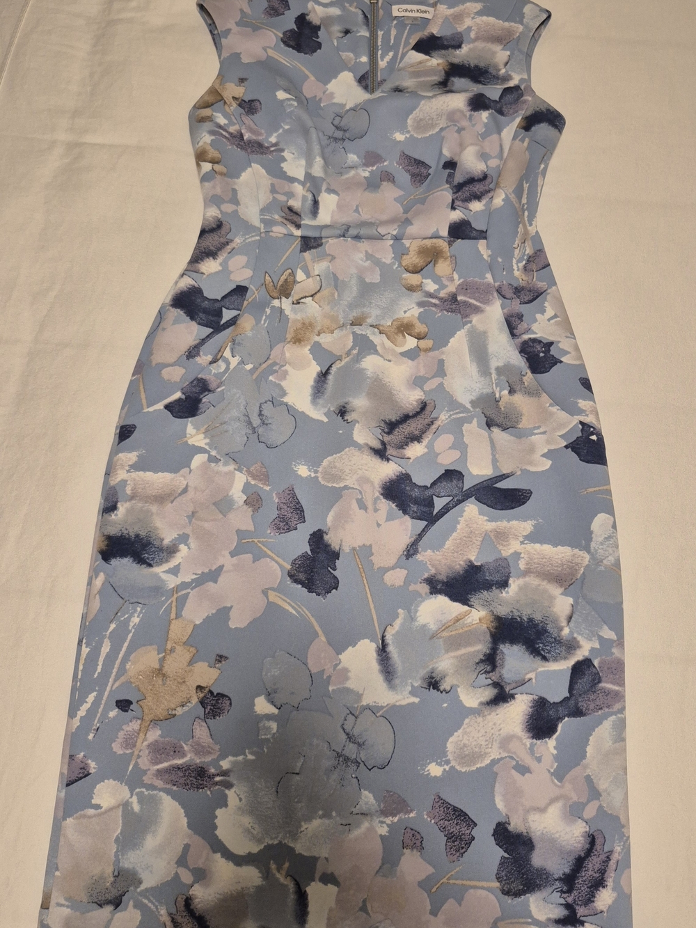 Calvin Klein Blue Floral Print Sheath Dress with Navy and Cream Accents